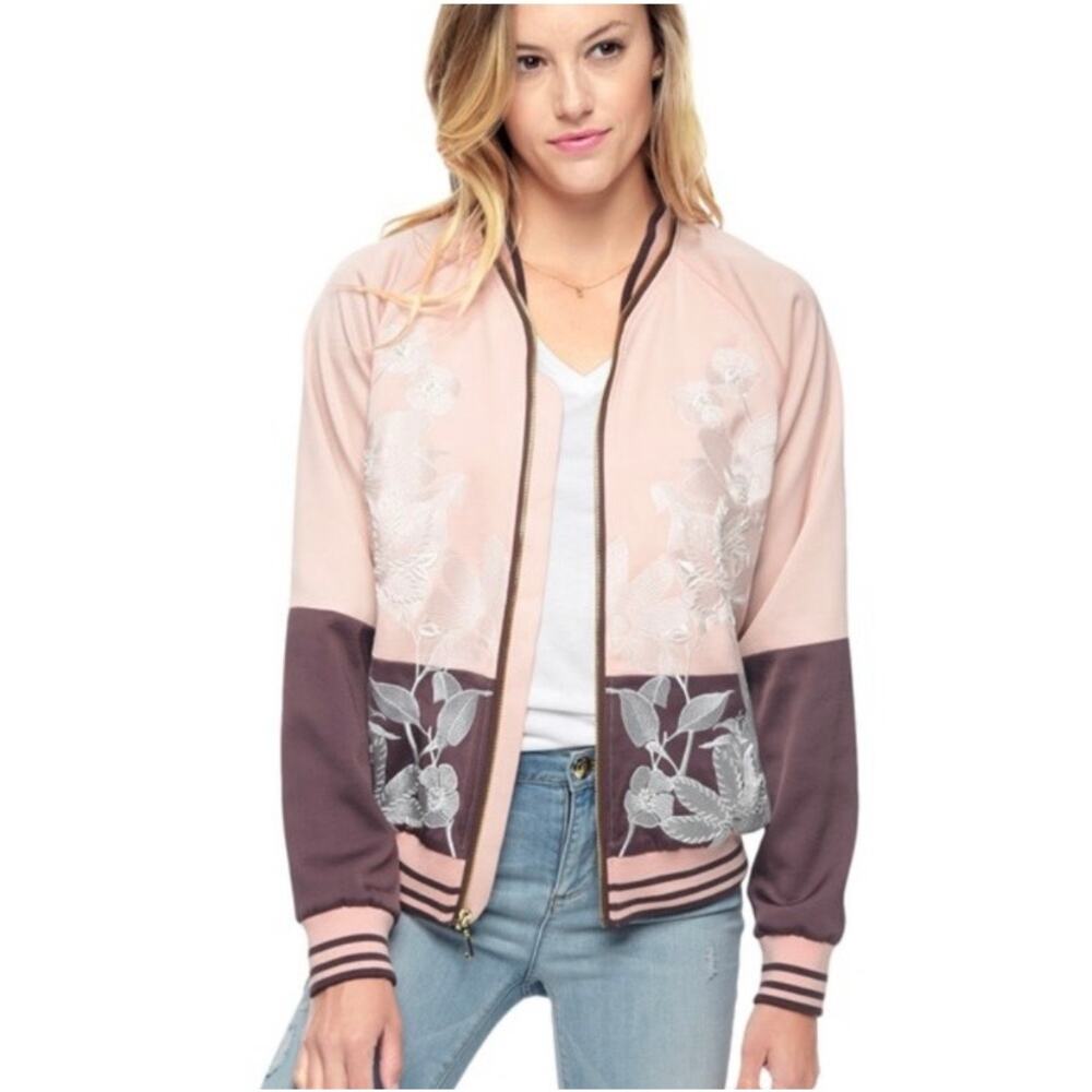 Juicy Couture Coral Blush Stockholm Floral Bomber Embellished Jacket Size Small